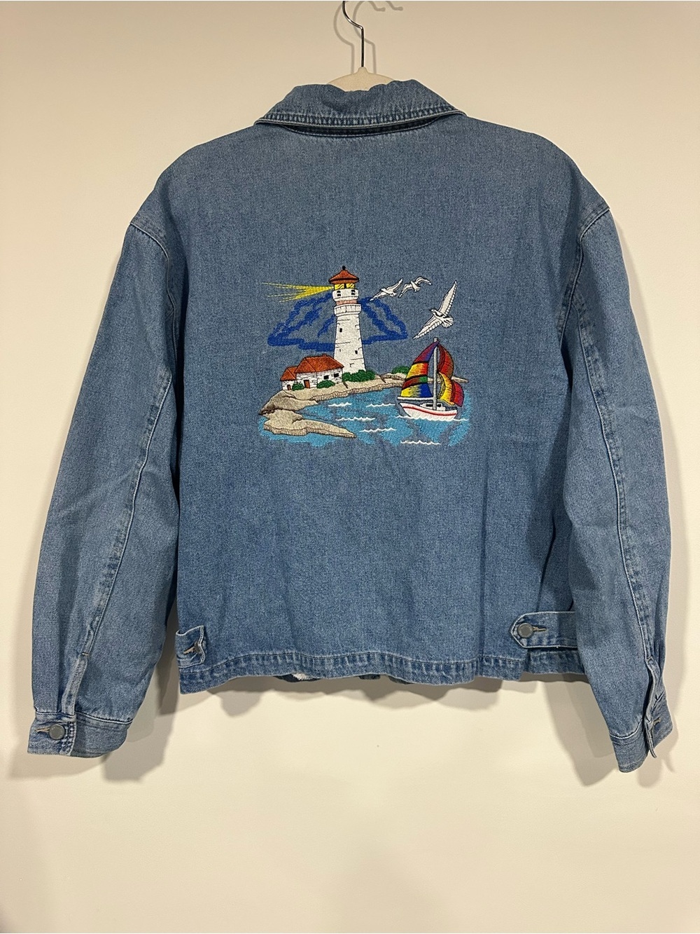 Vtg NY Jeans Womens XL Denim Jacket Nautical Embroidered Lighthouse Sailboat